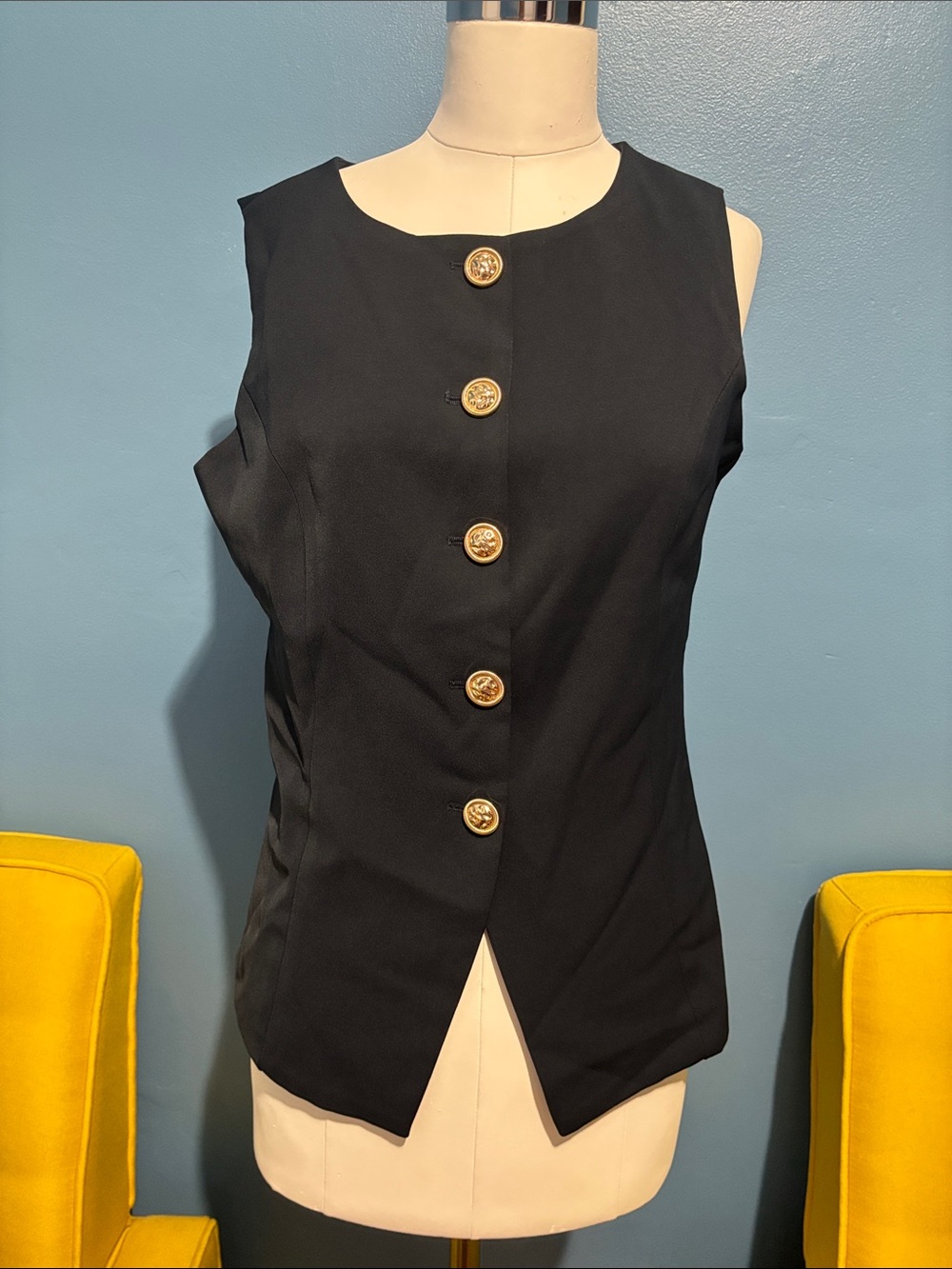 Sleeveless Black Tunic Top with Gold Buttons
